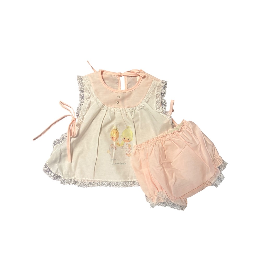Vtg Precious Moments Pink Angel Apron Top Bloomers Set 18M Dress diaper cover